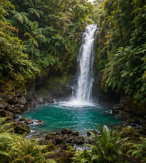 Waterfall in lush Dominica rainforest