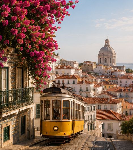 Lisbon streetscape with a yellow tram and terracotta rooftops