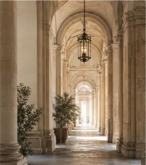 Sunlit colonnaded corridor of a European residence