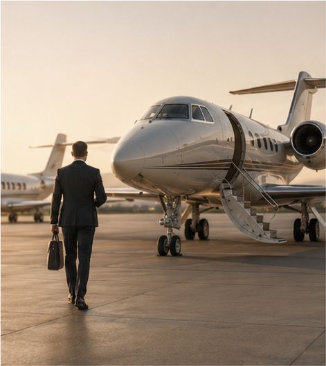 Private jet on the tarmac with a traveller walking towards it