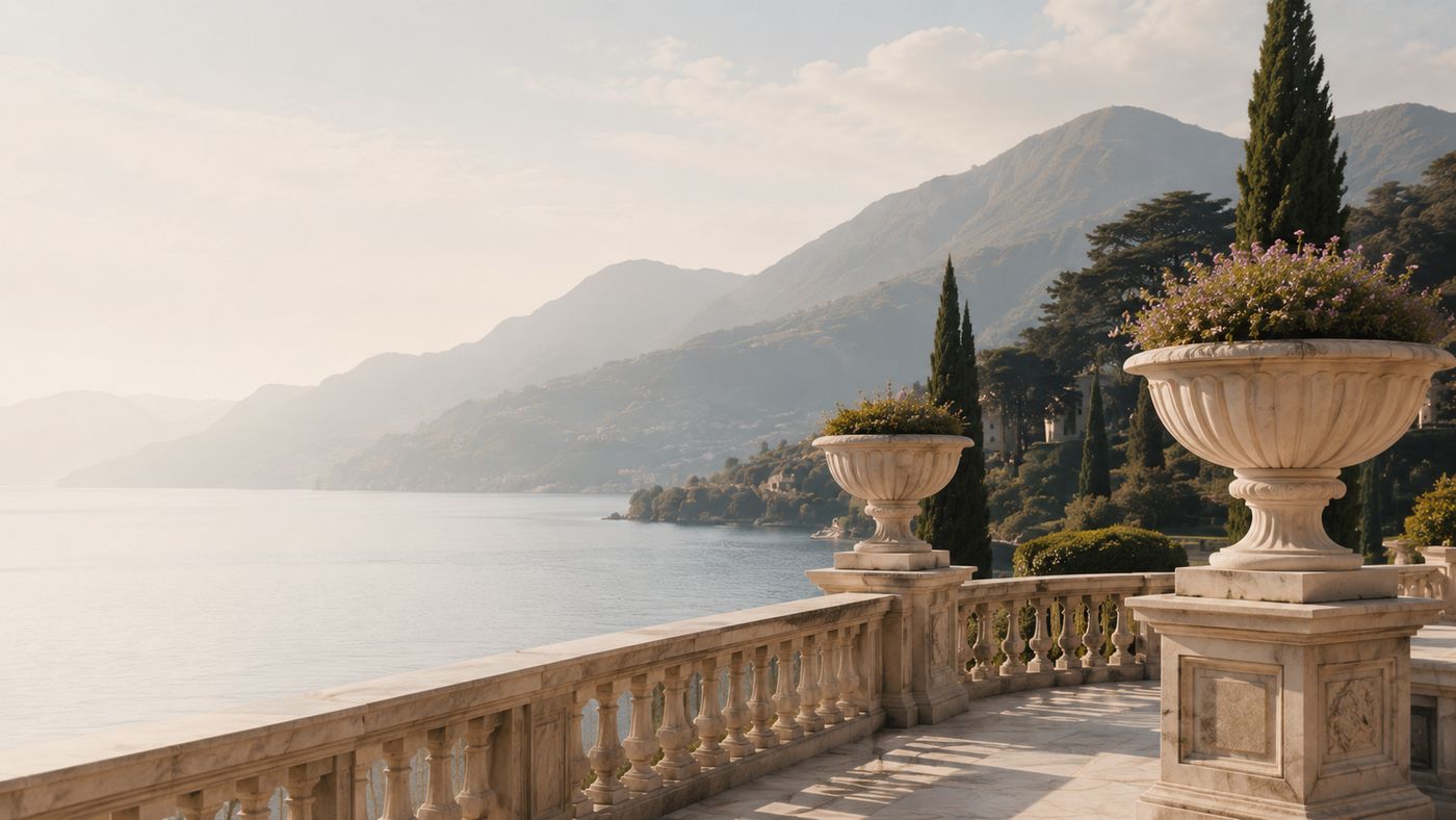 Balustraded lakeside terrace with stone urns and a mountain backdrop, evoking a private European residence