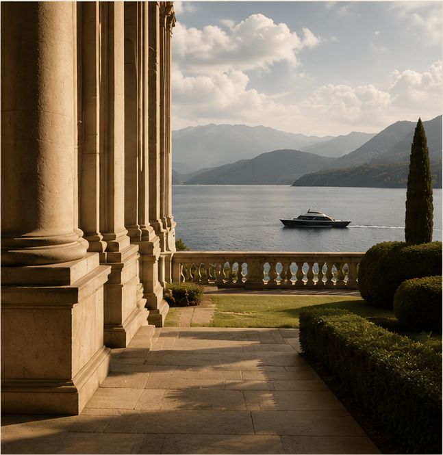 Colonnaded terrace overlooking a private lake