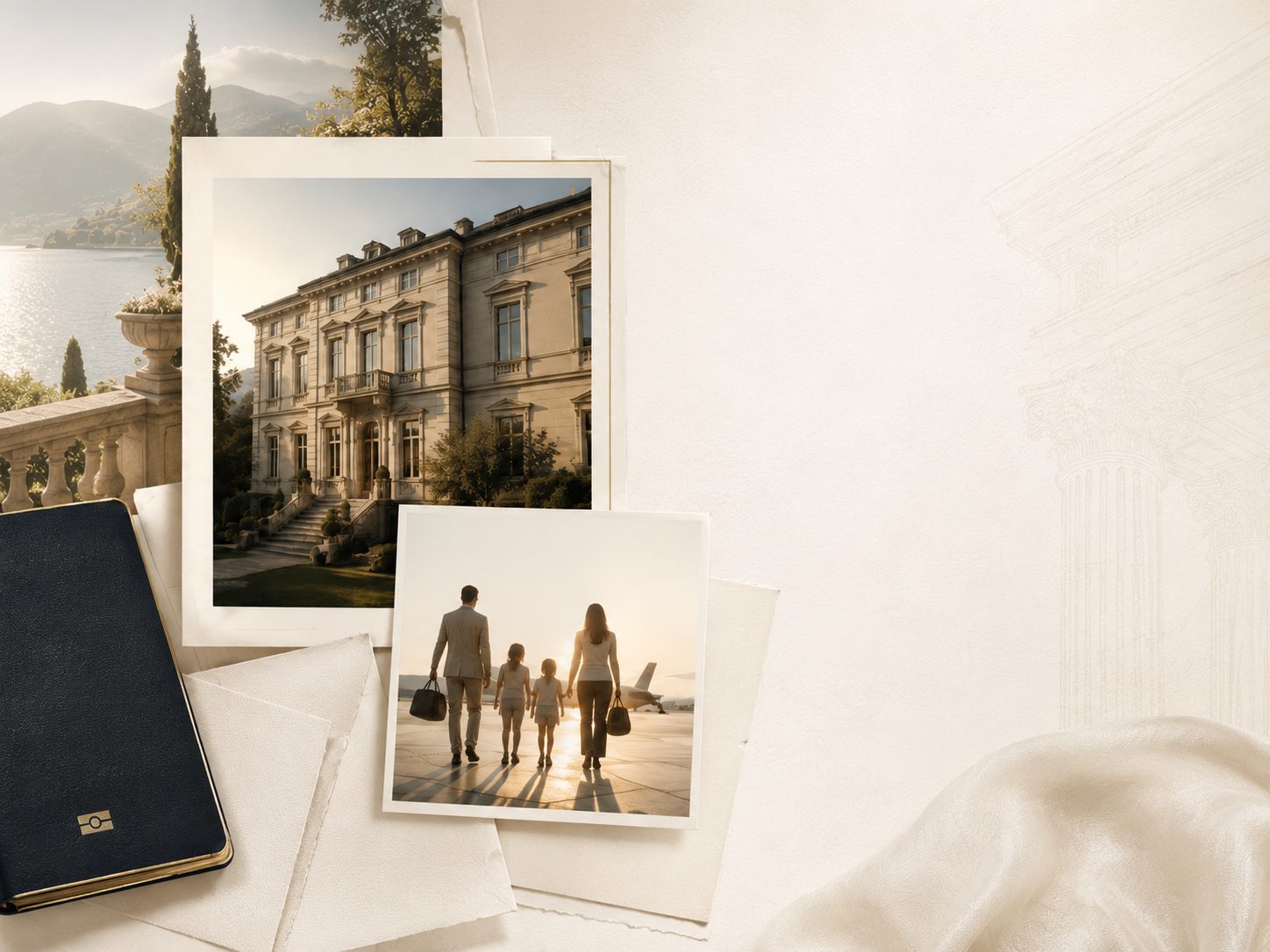 Editorial collage of a private European villa, a family walking towards a private jet, and travel documents